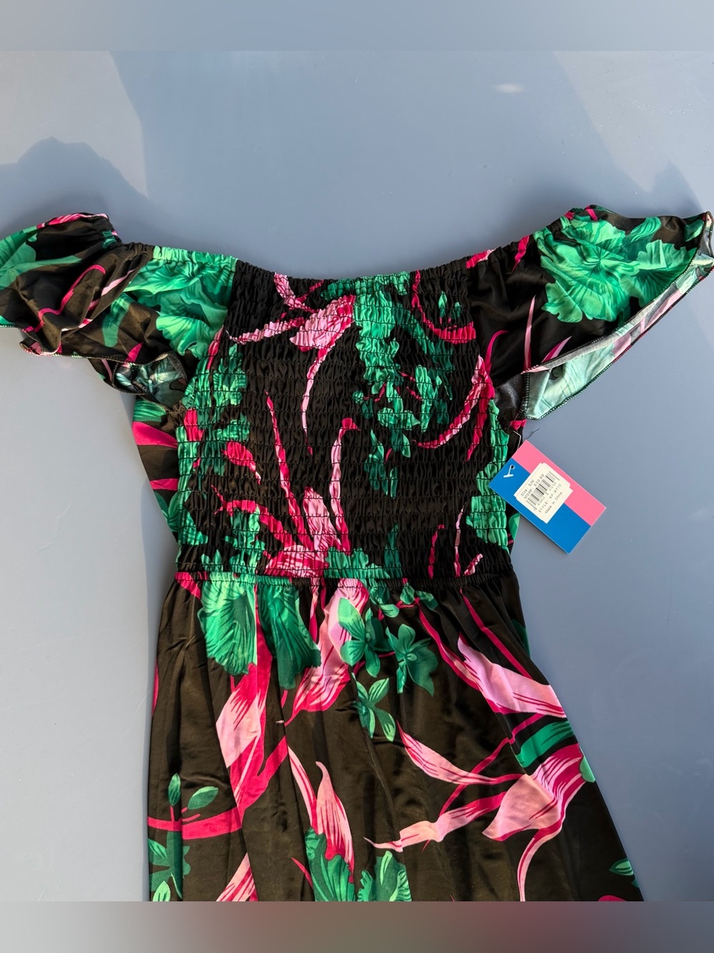 Tropical Floral Off-Shoulder with Front Tie Maxi Dress - Green & Pink - Picture 5 of 13